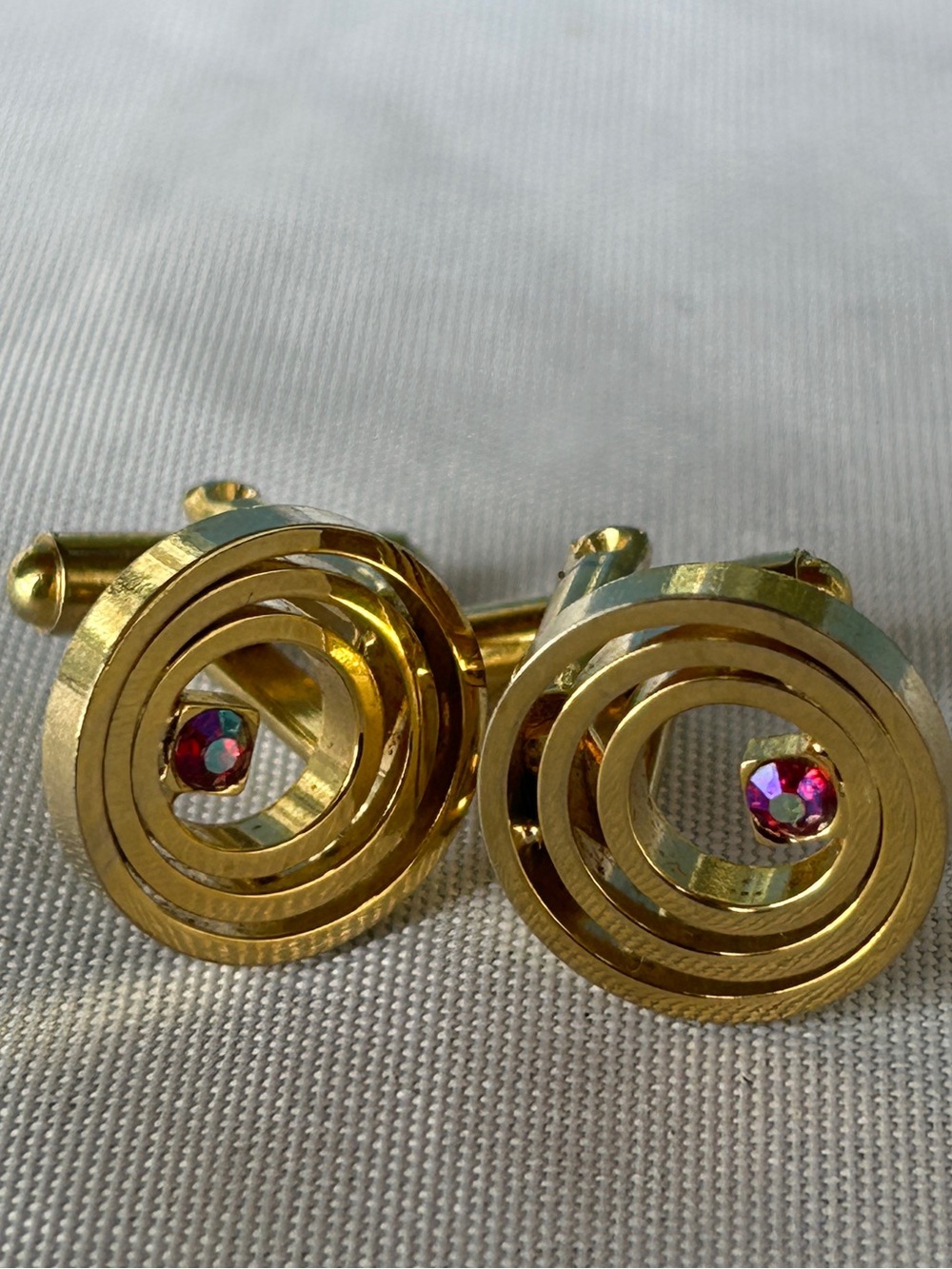 Gold Tone Red Rhinestone Swirl Cufflinks Retro Mid Century Style